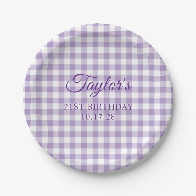 Assiettes En Carton Pale Purple Gingham Plaid 21st Birthday (Devant)