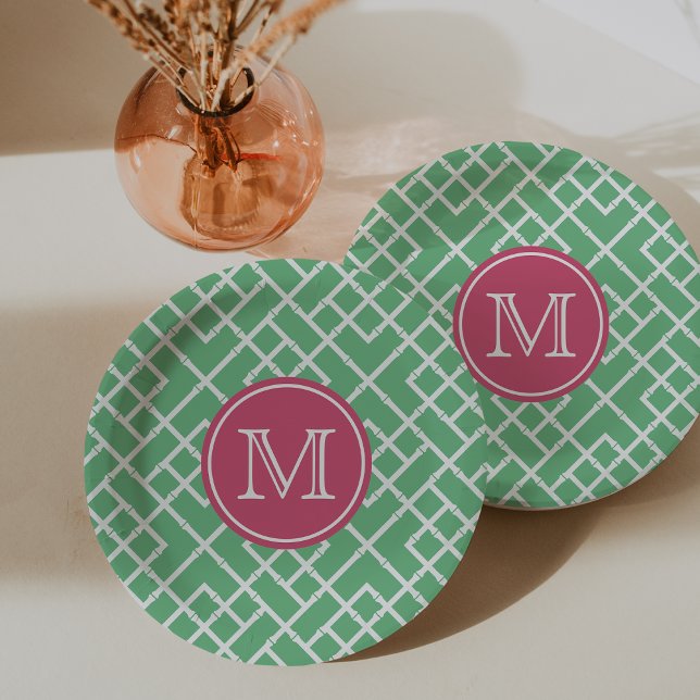 Assiettes En Carton Palm Beach Monogramme en bambou vert et rose géomé (Créateur téléchargé)
