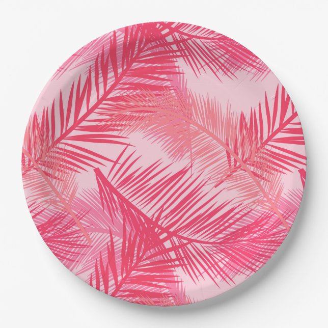 Assiettes En Carton Palm Leaf Print, Fuchsia, Coral et Pastel Pink (Devant)