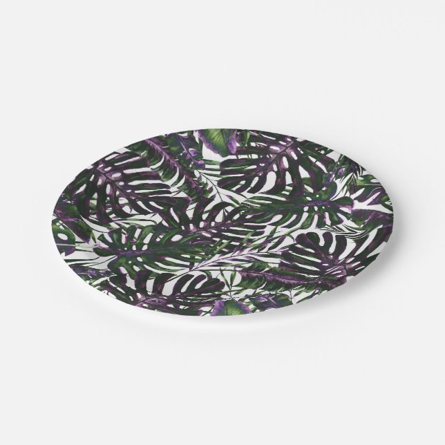 Assiettes En Carton Palme tropicale violette et verte Feuille Mariage (Angle)