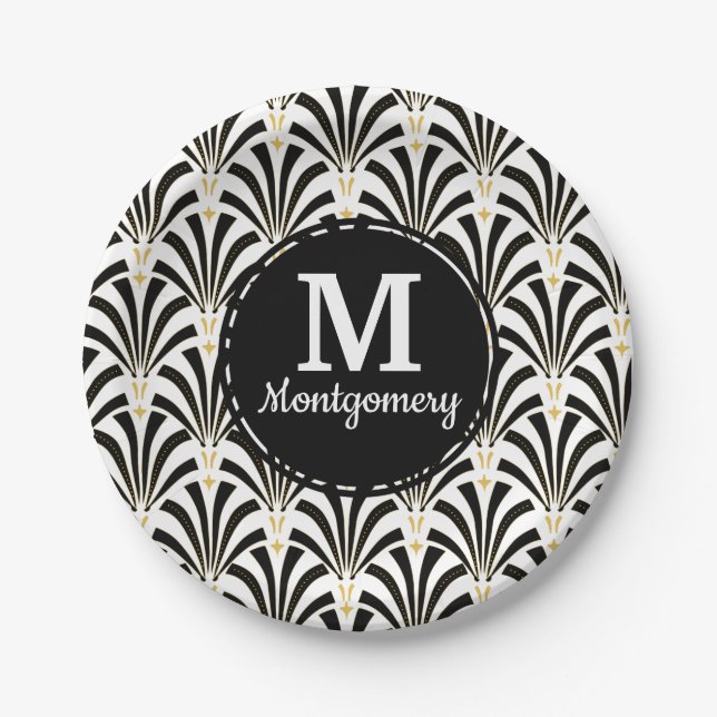 Assiettes En Carton Palmettes Art Déco 1920 noir et blanc (Devant)