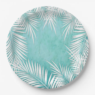Assiettes En Carton Palmiers blancs sur plaques tropicales Turquoise O