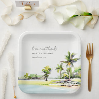 Assiettes En Carton Palmiers côtiers tropicaux Mariage d'aquarelle