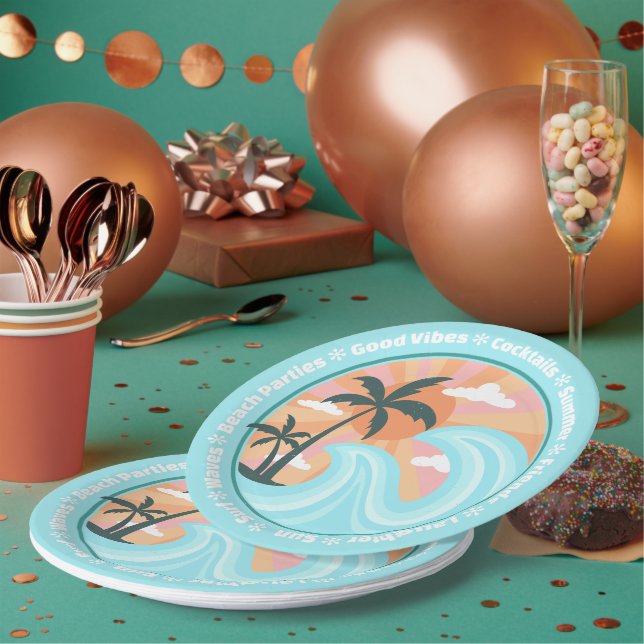 Assiettes En Carton Palmiers tropicaux Hawaiian Island Good Vibes (Multi)
