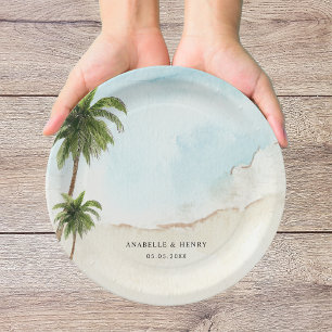 Assiettes En Carton Palmiers tropicaux Sable Beach Destination Mariage