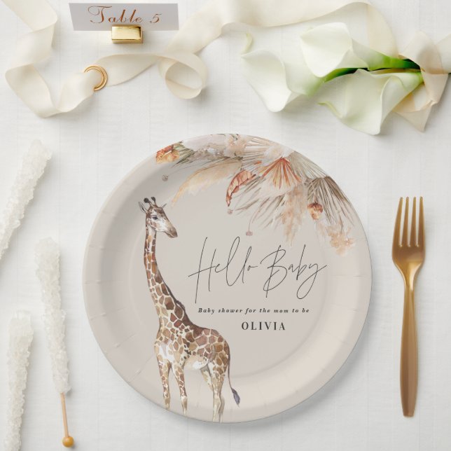 Assiettes En Carton Pampas botanique herbe girafe moderne safari chic (Mariage)