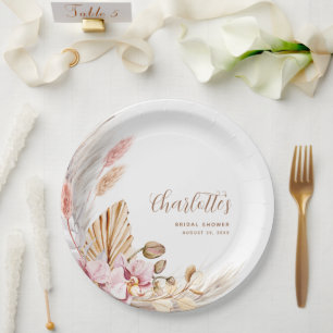Assiettes En Carton Pampas Floral Boho Rose   FÊTE DES MARIÉES