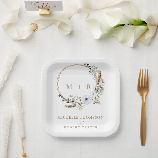 Assiettes En Carton Pampas Grass Mariage Boho Terracotta Monogramme (Mariage)
