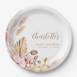 Assiettes En Carton Pampas Grass rose Brown Floral BABY SHOWER