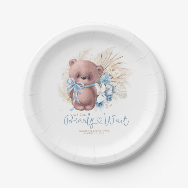Assiettes En Carton Pampas Grass Teddy Bear Baby shower Blue Boho (Devant)