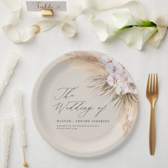 Assiettes En Carton Pampas herbe séché botanique script boho mariage p (Mariage)