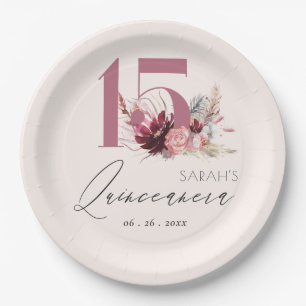 Assiettes En Carton Pampas rose Floral Grass Quinceanera 15e anniversa