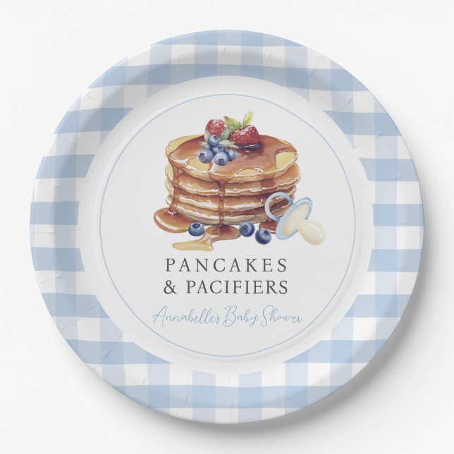 Assiettes En Carton Pancakes & Pacifiers Blue Gingham Boy Baby Shower (Devant)