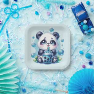 Assiettes En Carton Panda Boire Bleu Boba Bubble Thé