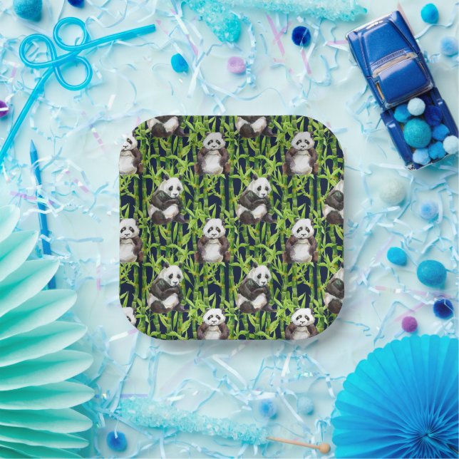 Assiettes En Carton Panda with Bamboo Watercolor Pattern (Fête)
