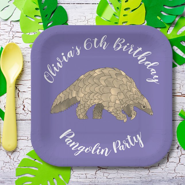 Assiettes En Carton Pangolin Party Girls 6th Birthday Purple Ajouter u (Cute pangolin 6th birthday party personalized purple paper plate wild animal endangered species)