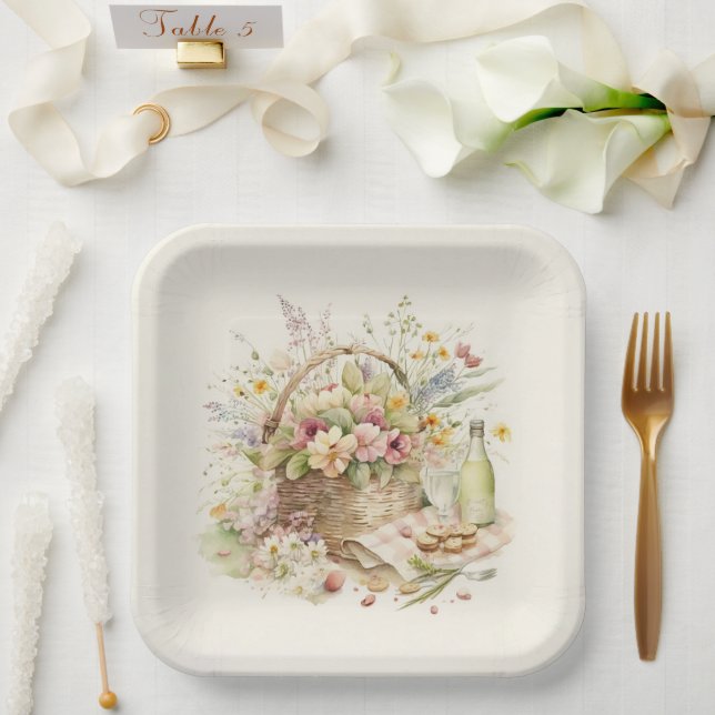 Assiettes En Carton Panier de pique-nique avec bouteille de vin (Mariage)