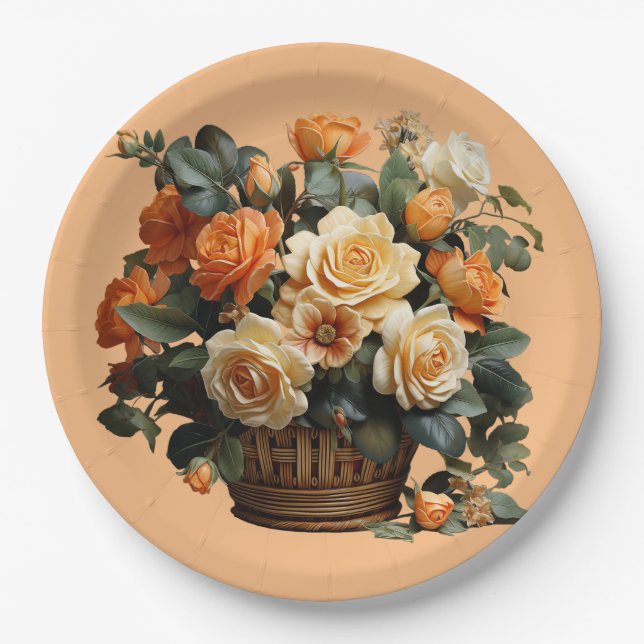 Assiettes En Carton Panier de roses orange (Devant)