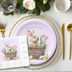 Assiettes En Carton Panier d'oeufs de lapin de Pâques Tulipes de print