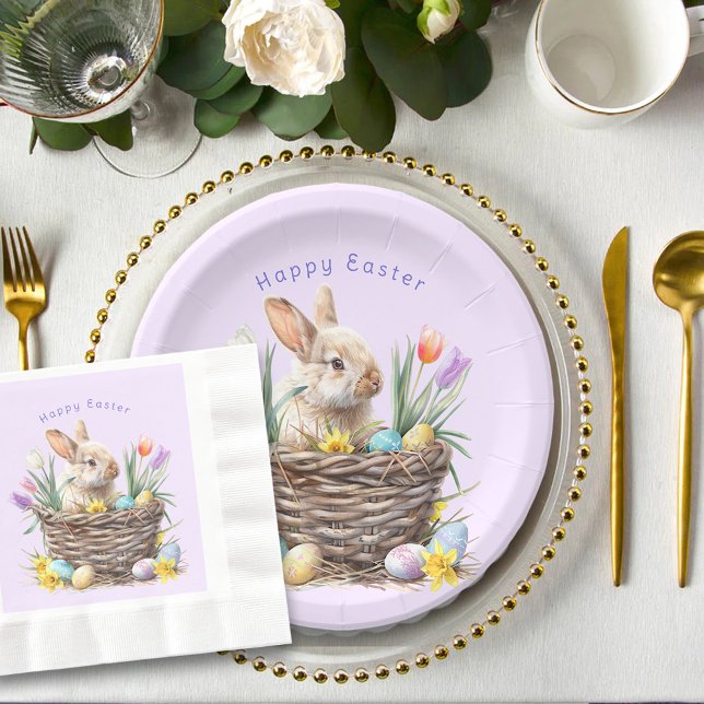 Assiettes En Carton Panier d'oeufs de lapin de Pâques Tulipes de print (Créateur téléchargé)