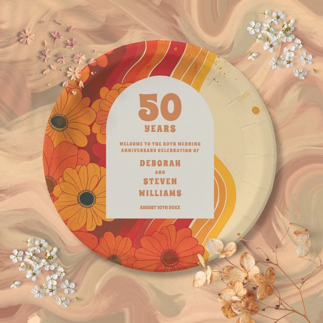 Assiettes En Carton Panneau de bienvenue pour les 50 ans de mariage Gr (Groovy Retro 50th Wedding Anniversary Welcome Sign Paper Plates)