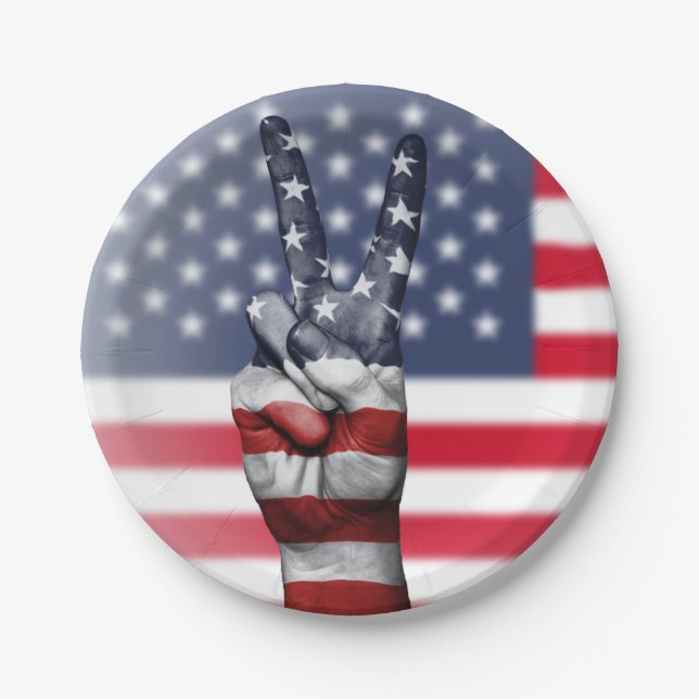 Assiettes En Carton Panneau de la main de la paix avec drapeau américa (Devant)