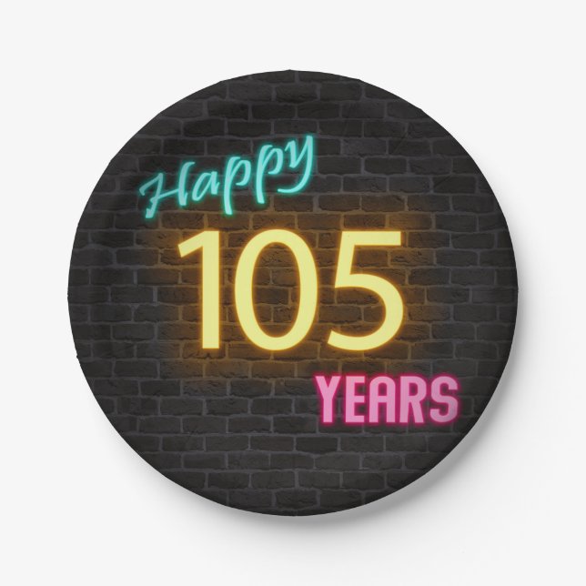 Assiettes En Carton Panneau néon numéro 105 sur mur en briques (Devant)