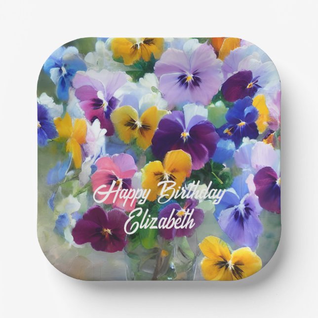 Assiettes En Carton Pansies Joyeux anniversaire (Recto)
