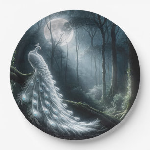 Assiettes En Carton Paon blanc dans une forêt au clair de lune