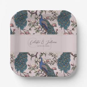 Assiettes En Carton Paons et fleurs de magnolia rose tendre