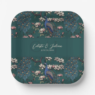 Assiettes En Carton Paons Vert Turlure et Fleurs de Magnolia