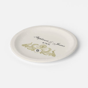 Assiettes En Carton Paons vintage monogramme or faux ivoire BG