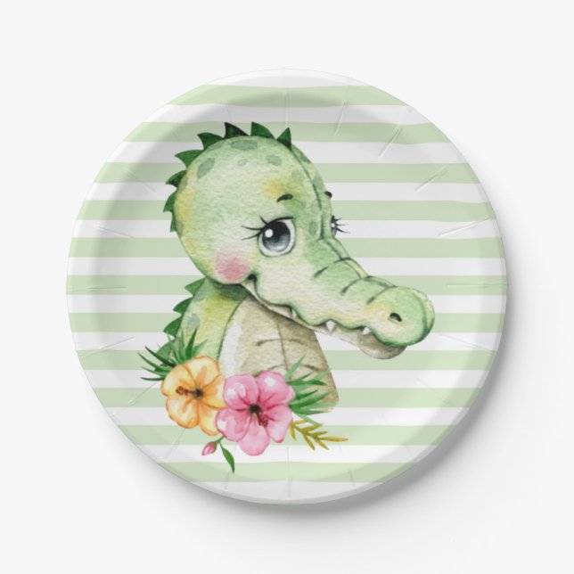 Assiettes En Carton Pap Baby shower Alligator Aquarelle (Devant)