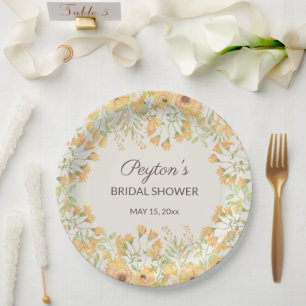 Assiettes En Carton Pap Fête des mariées Pastel Jaune Aquarelle Fleurs