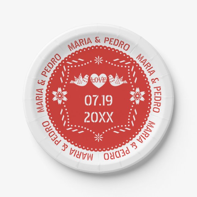Assiettes En Carton Papel picado inséparables rouge mariage mexicain (Devant)