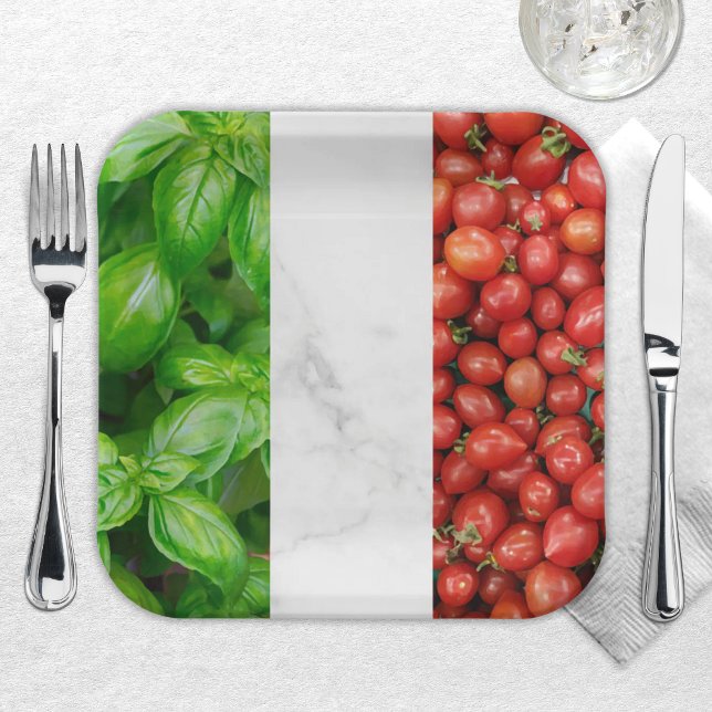 Assiettes En Carton Paper Plate (Basil, White Marble, Tomato Italian Flag Paper Plate - Festive Flag of Italy table decor)