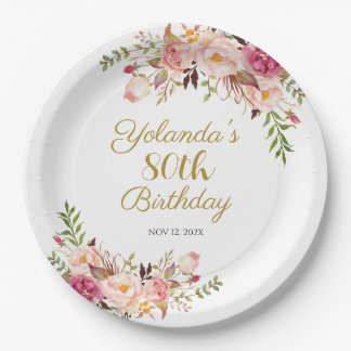 Assiettes En Carton Paper Plate Adult 80th Birthday, Elegant Floral