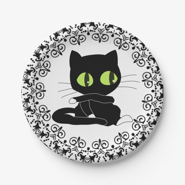 Assiettes En Carton Paper Plates, Black Floral Black Cat (Devant)