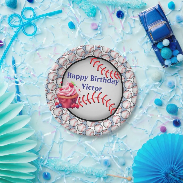 Assiettes En Carton Paper Plates, Blue White Stripe Birthday Baseball (Fête)