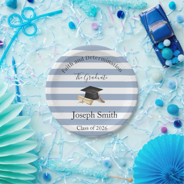 Assiettes En Carton Paper Plates, Blue & White Stripe Graduate 2026 (Fête)