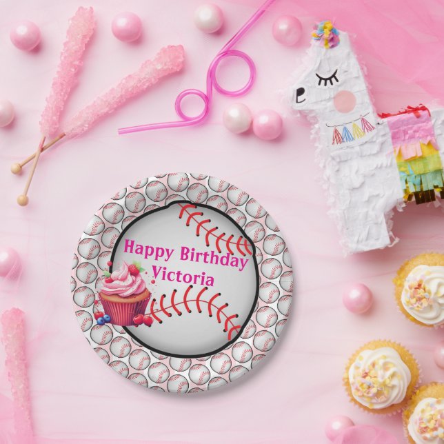 Assiettes En Carton Paper Plates, Pink  White Stripe Birthday Baseball (Fête)