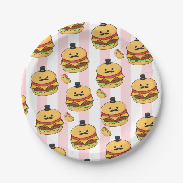 Assiettes En Carton Paper Plates, Pink & White Stripe Hotdog Hamburger (Devant)