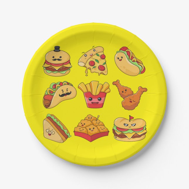 Assiettes En Carton Paper Plates, Yellow Tacos Fries Hotdogs Hamburger (Devant)