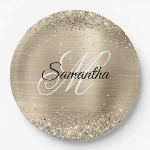 Assiettes En Carton Papier Aluminium Champagne Pailleté Monogramme Fan