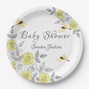 Assiettes En Carton Papier Baby shower à libellules Roses jaunes et gr