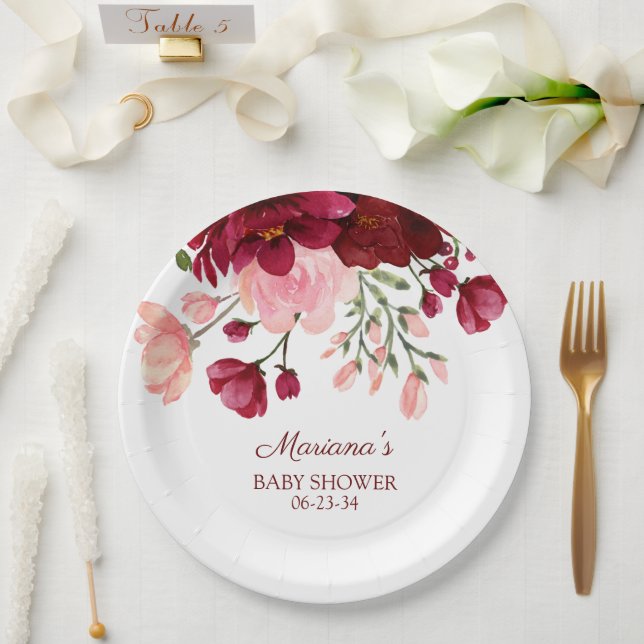 Assiettes En Carton Papier Baby shower pour fille rose Bourgogne (Mariage)
