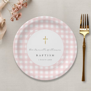Assiettes En Carton Papier baptême bébé fille à carreaux rose
