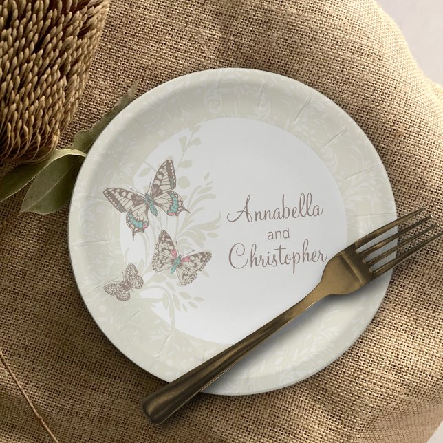 Assiettes En Carton Papier blanc mariage 3 papillons encre crème (Créateur téléchargé)