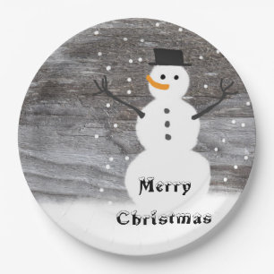 Assiettes En Carton Papier blanc Rustique bonhomme de neige joyeux Noë