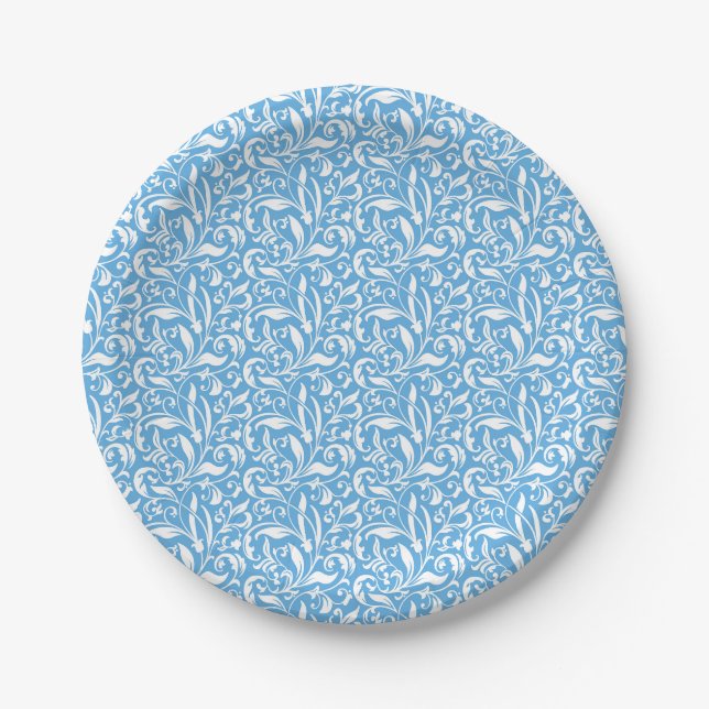 Assiettes En Carton Papier bleu fleuri (Devant)